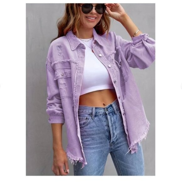 Jeans Ripped Raw Edge Oversized Denim Jacket, Distressed Collar Long Sleeves Y2K - Picture 2 of 10